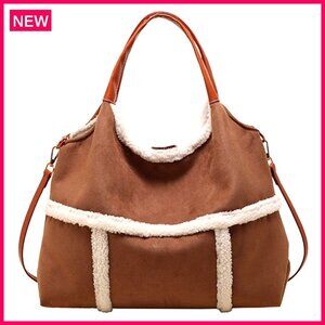 Large Suede Tote Bag with Faux Wool Lining, Adjustable Strap, Work Travel Purse